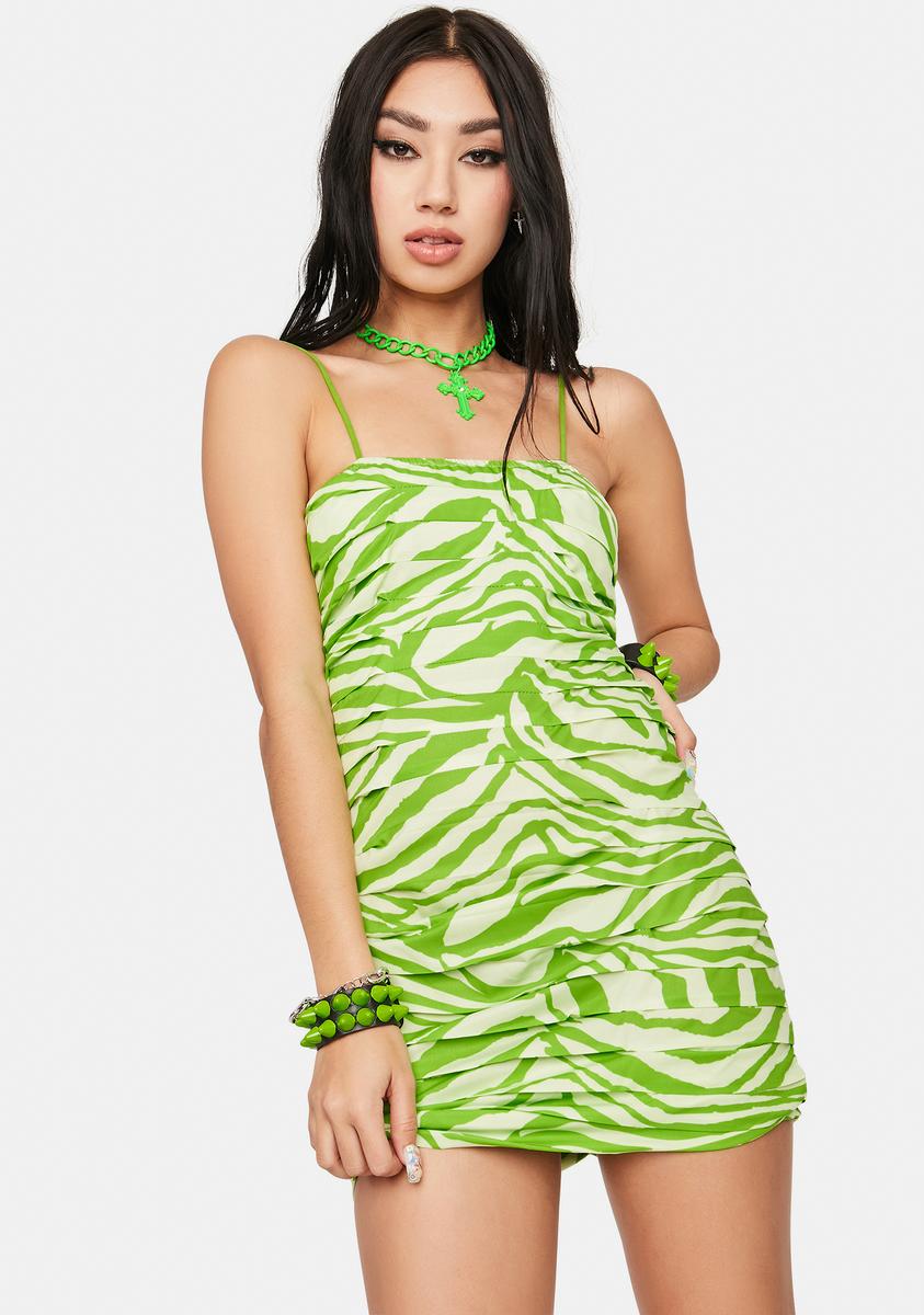 Zebra Print Pleated Mini Dress - Neon Green Zebra Print Pleated Mini Dress - Neon Green