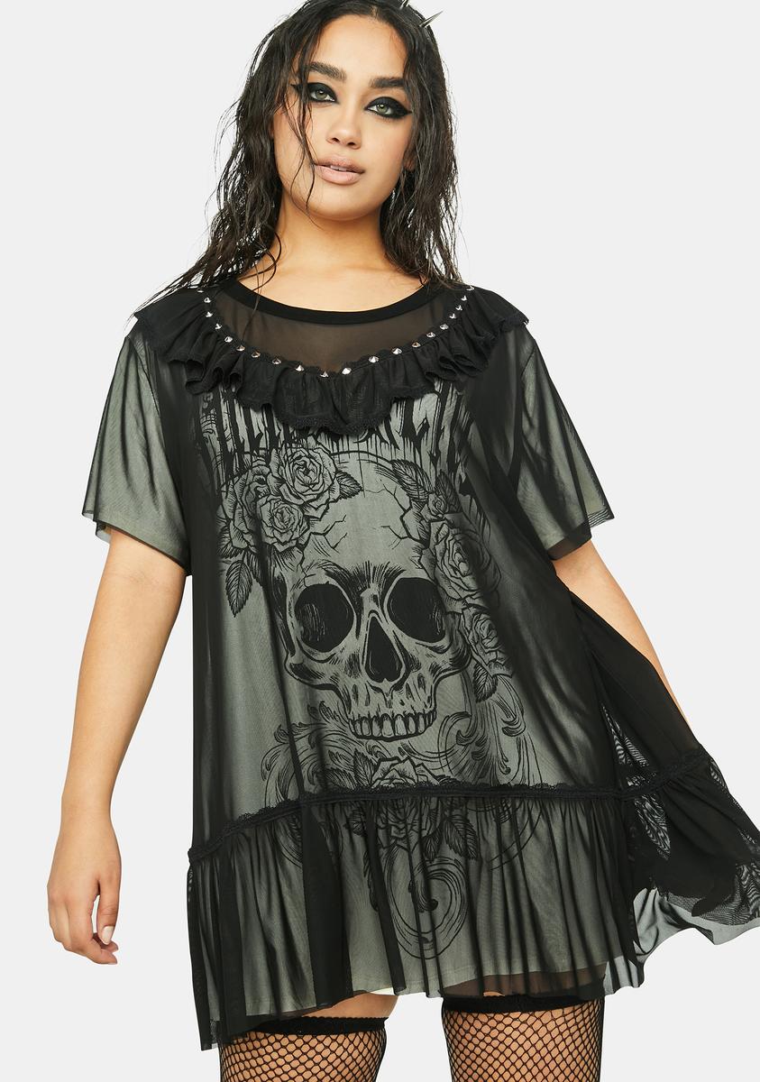 Plus Size Current Mood Mesh Overlay Skull Graphic T-Shirt Dress