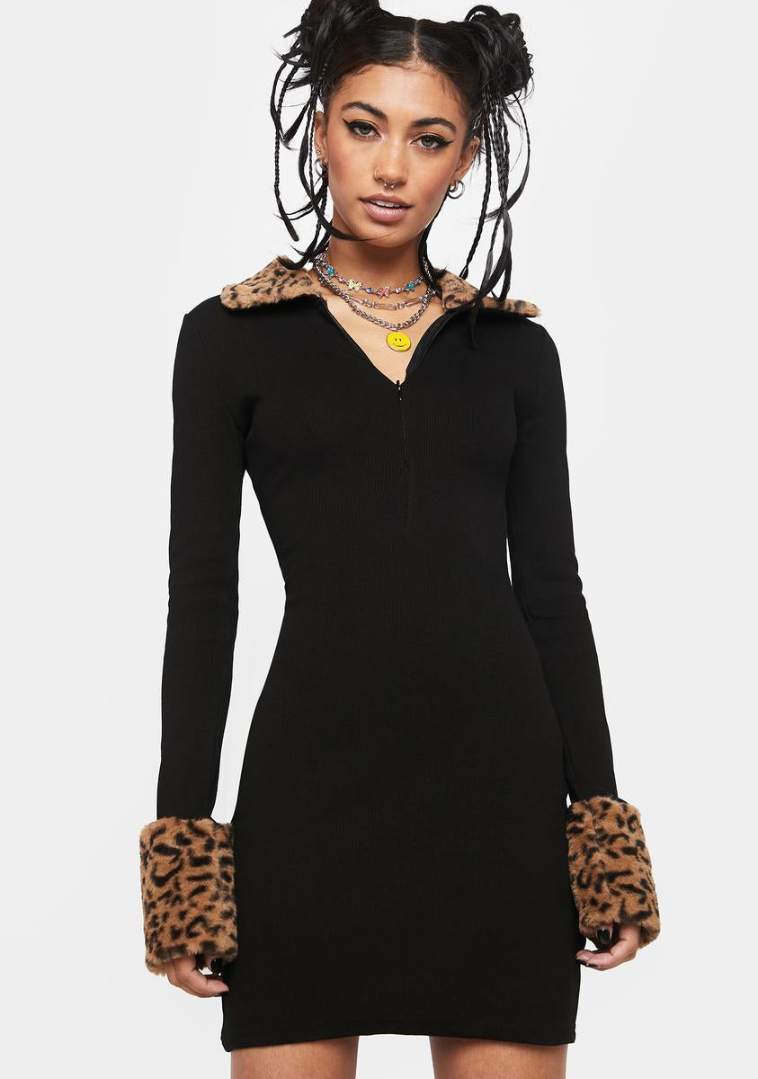 Ribbed Mini Dress With Leopard Faux Fur Trim - Black Dolls Kill Ribbed Mini Dress With Leopard Faux Fur Trim - Black Dolls Kill