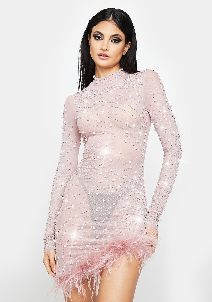 Pearl Rhinestone Embellished Sheer Dress With Marabou - Mauve Dolls Kill Pearl Rhinestone Embellished Sheer Dress With Marabou - Mauve Dolls Kill