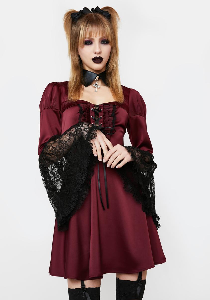 Dark In Love Burgundy Mini Dress With Lace Sleeves – Dolls Kill