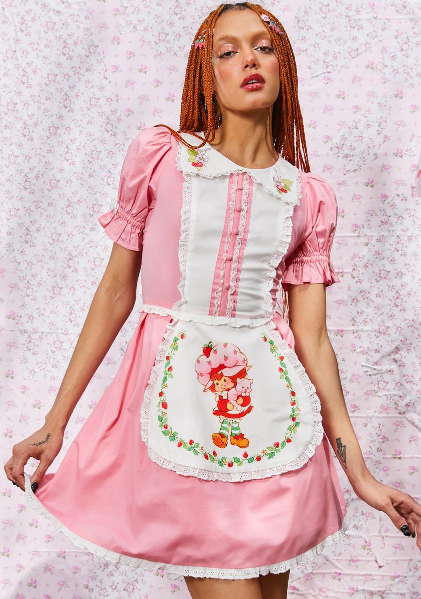 Dolls Kill X Strawberry Shortcake Collared Mini Dress With Apron - Pink Dolls Kill X Strawberry Shortcake Collared Mini Dress With Apron - Pink