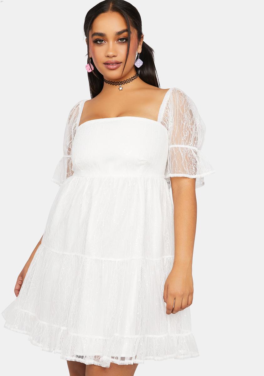 funky white mini dress Plus Size Delia's Sheer Lace Sequin Short Puff Sleeve Tiered Mini Dress