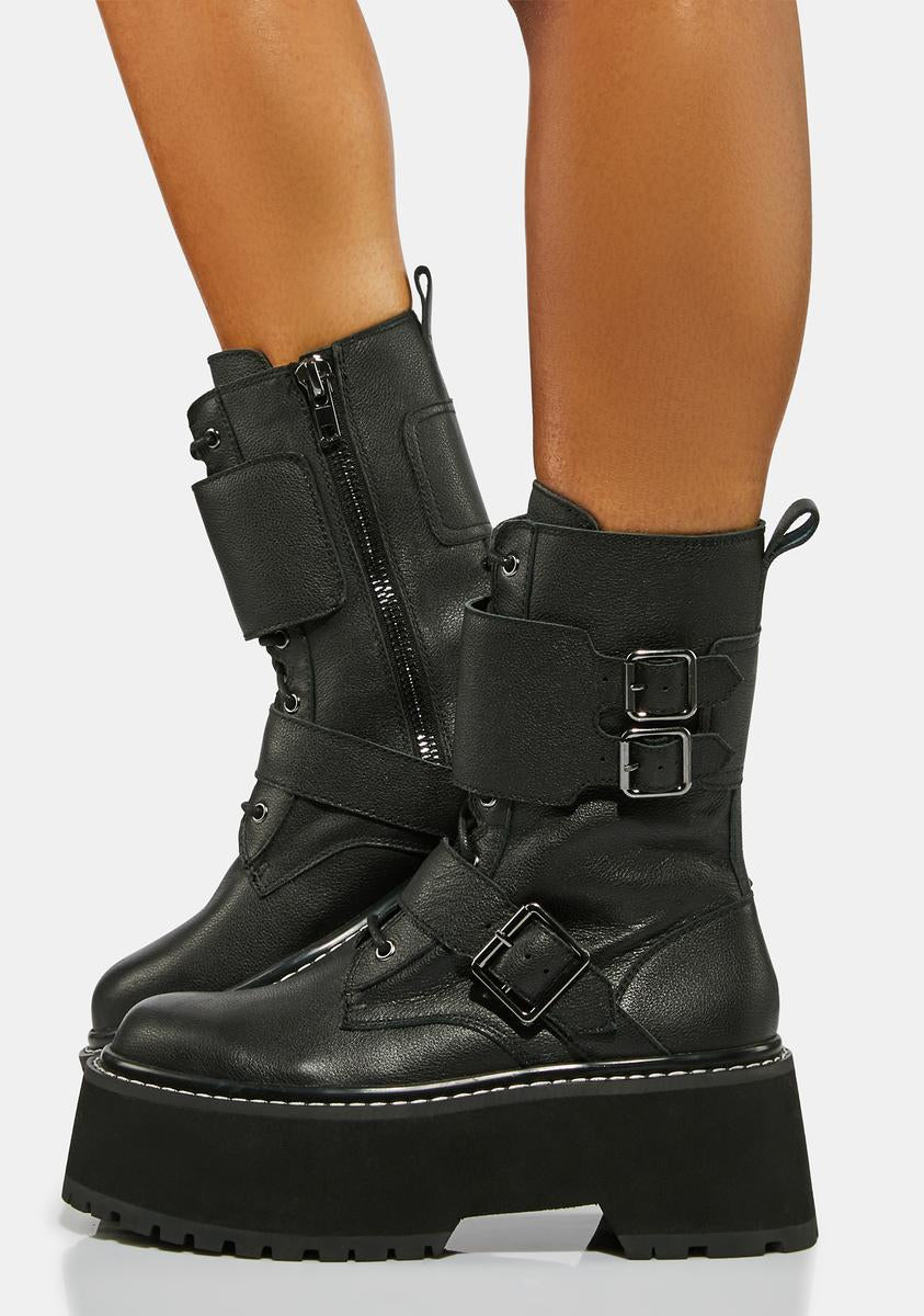 Darker Wavs Leather Buckle Combat Boots - Black – Dolls Kill