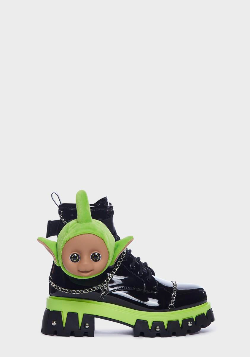 Koi Footwerar Teletubby Dipsy Head Platform Boots Black/Green Dolls Kill
