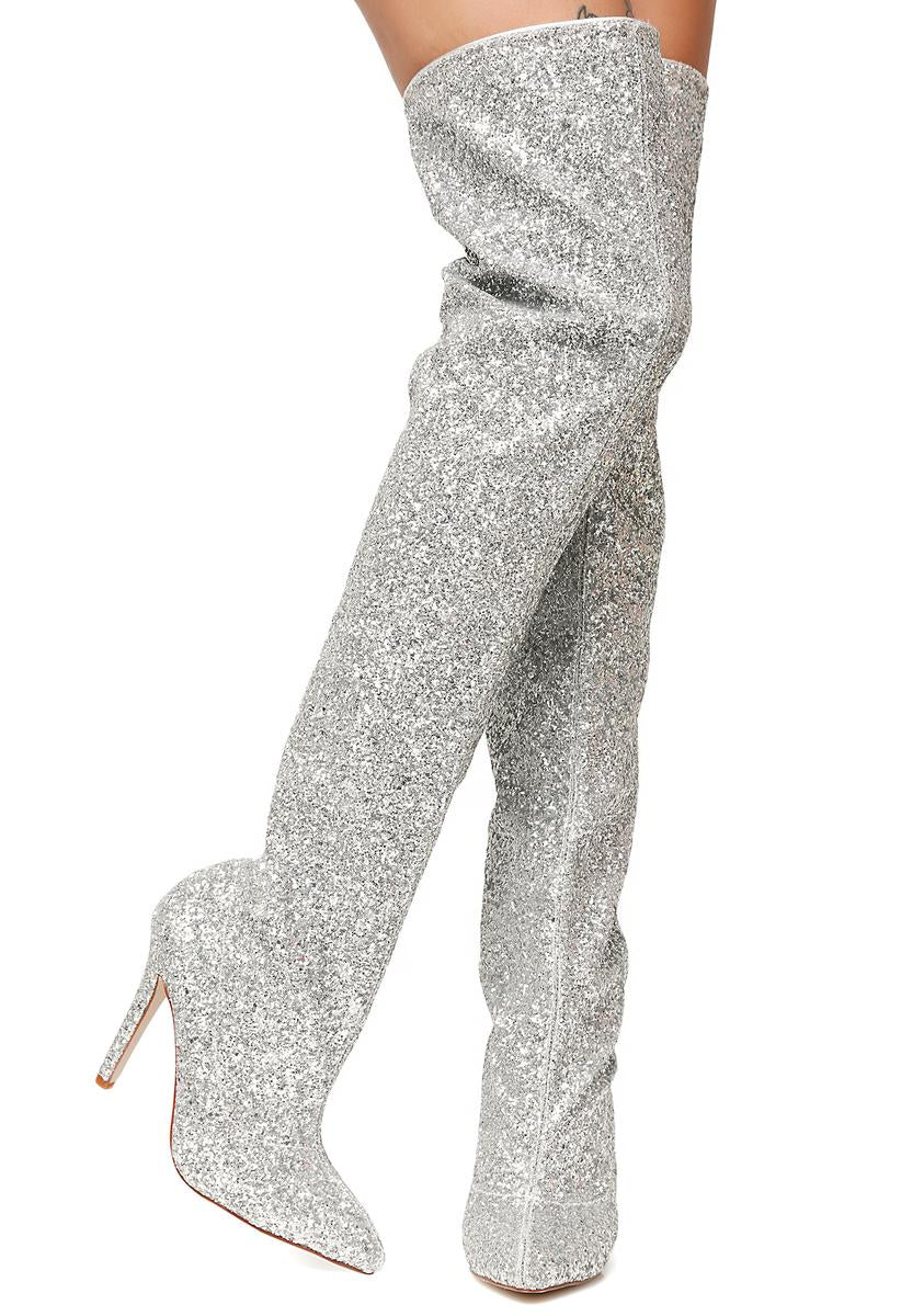 Glitter Thigh High Silver Boots – Dolls Kill - Main Image