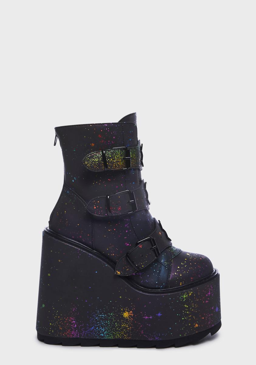 YRU Galaxy Print Reflective Buckle Platform Boots Rainbow