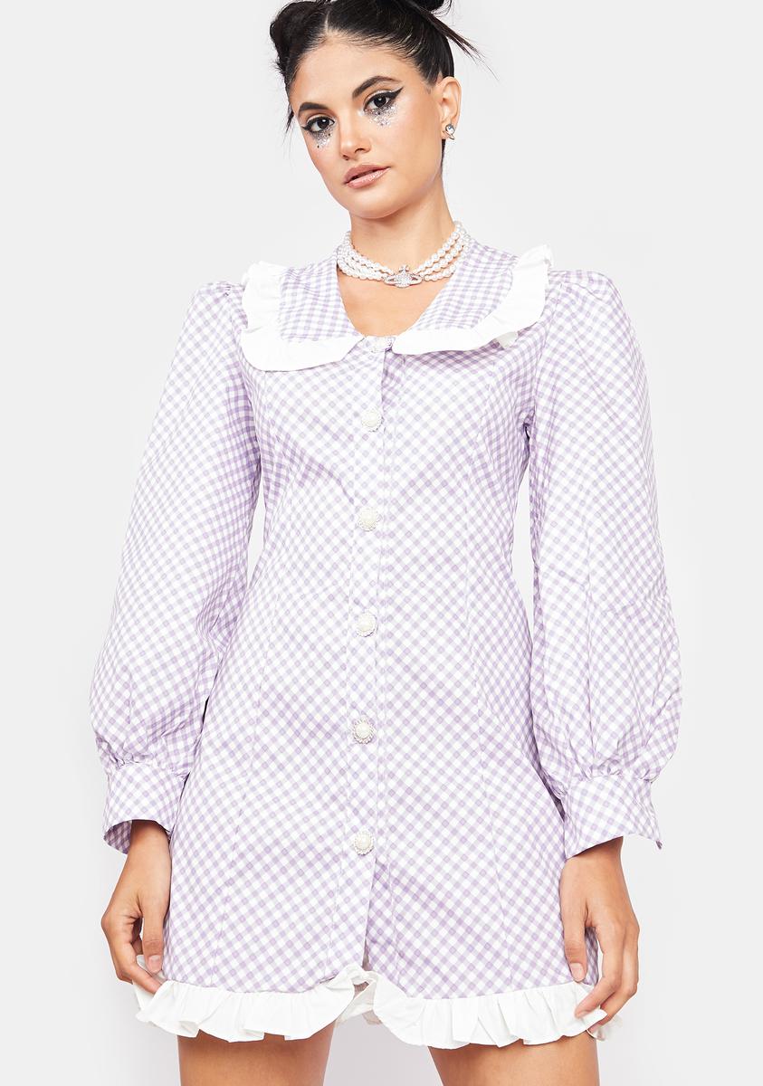 Long Puff Sleeve Gingham Ruffle Shirt Dress