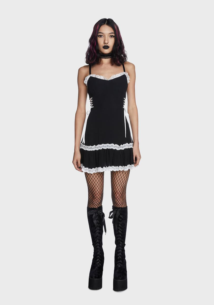 Widow Lace Trim Lace Up Mini Dress - Black/White