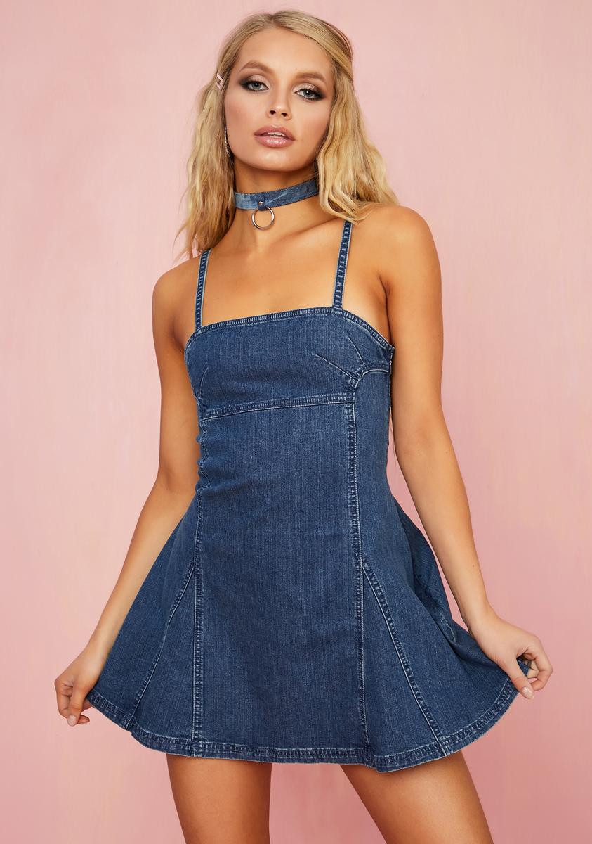 Sugar Thrillz Flared Denim Mini Dress - Blue Dolls Kill Sugar Thrillz Flared Denim Mini Dress - Blue Dolls Kill