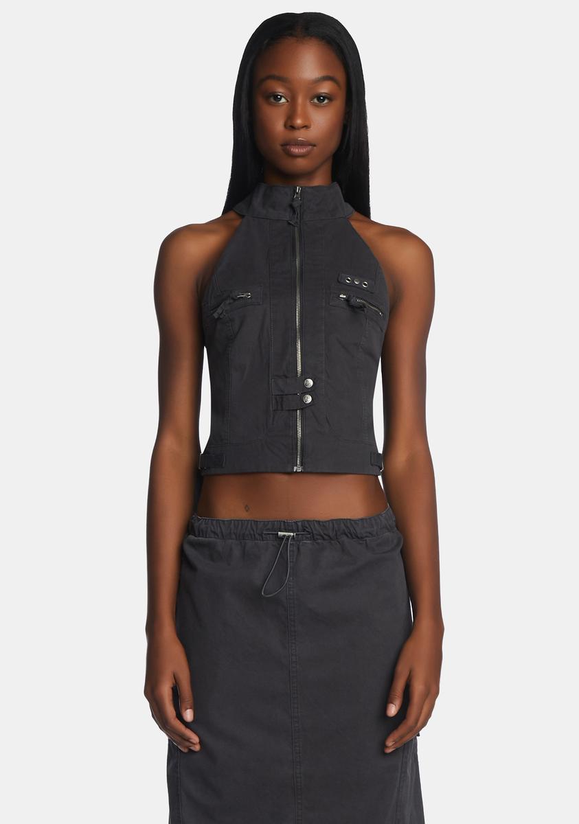 jaded london vintage grey cargo mini dress Jaded London Vintage Grey Cargo Halter Neck Top With Pocket Detail