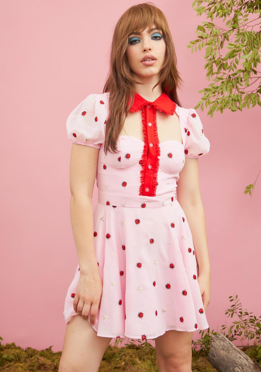 Sugar Thrillz Ladybug Collared Dress With Puff Sleeves