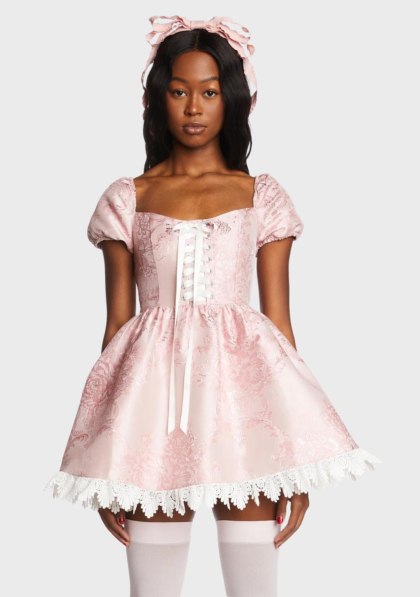 Sugar Thrillz Brocade Lace Trim Mini Dress - Pink Dolls Kill Sugar Thrillz Brocade Lace Trim Mini Dress - Pink Dolls Kill