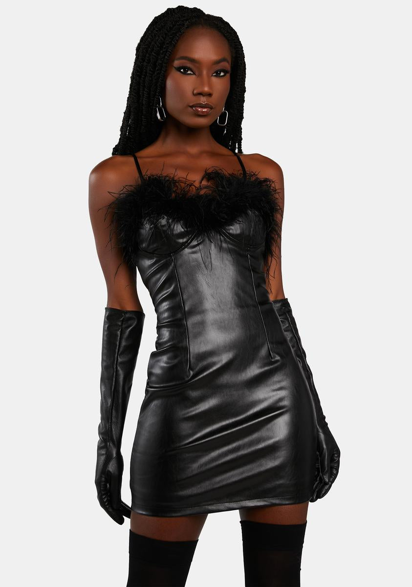 Vegan Leather Marabou Feather Mini Dress - Black Vegan Leather Marabou Feather Mini Dress - Black