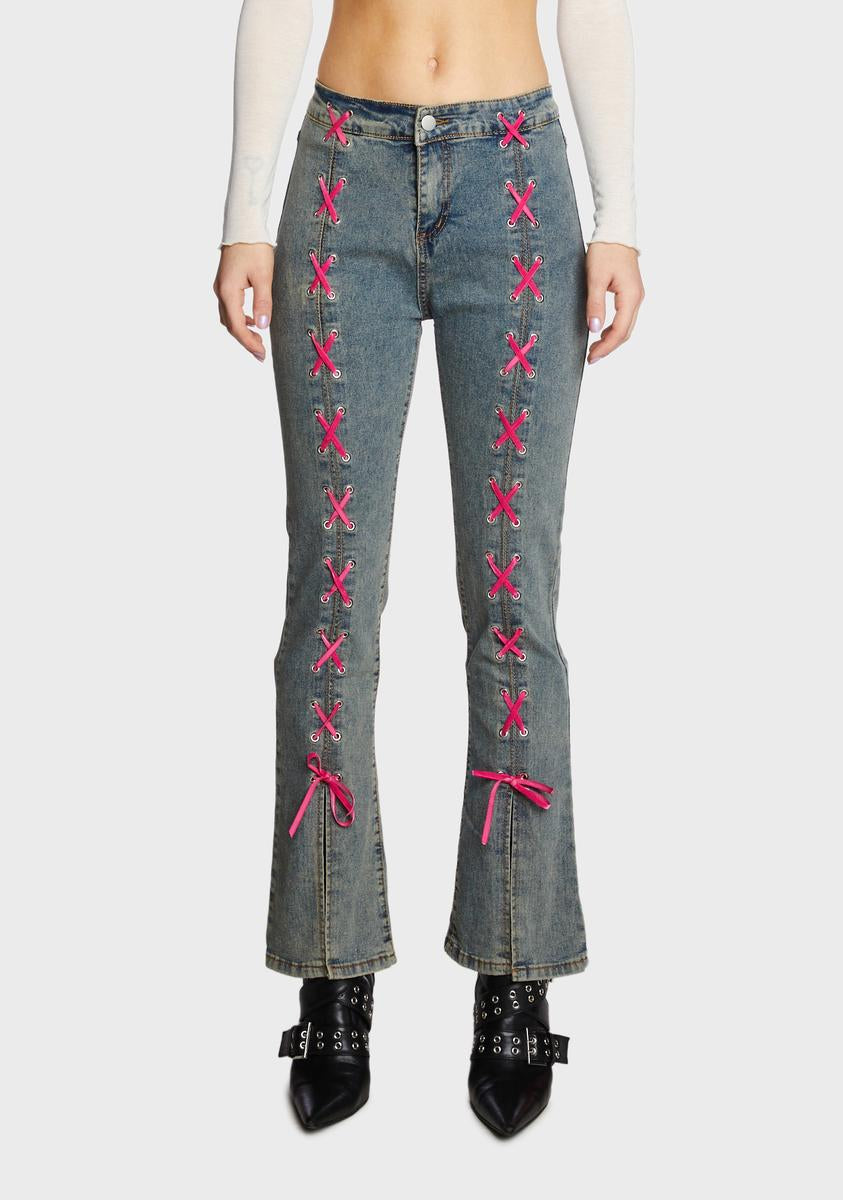 Zemeta Denim Lace Up Pants Blue Dolls Kill