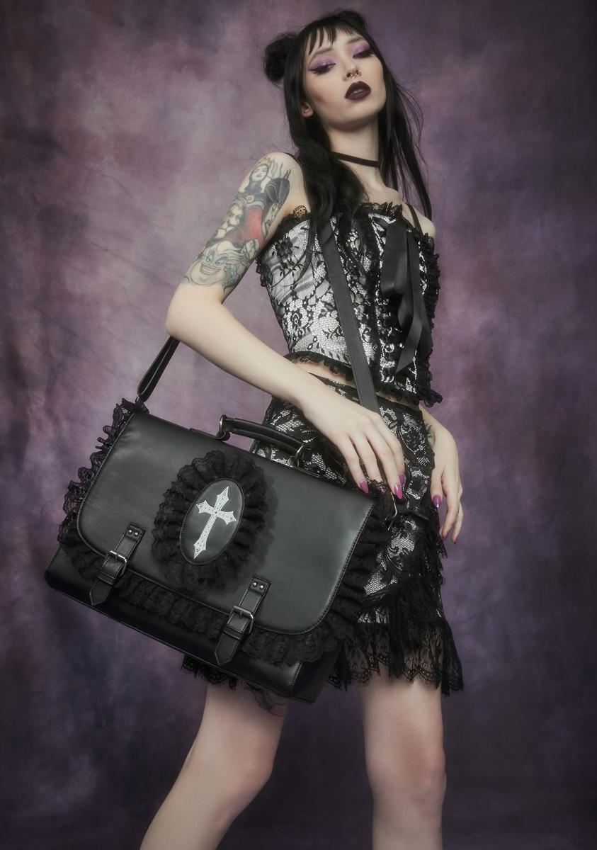 Widow Cross Vegan Leather Satchel With Lace Trim Dolls Kill