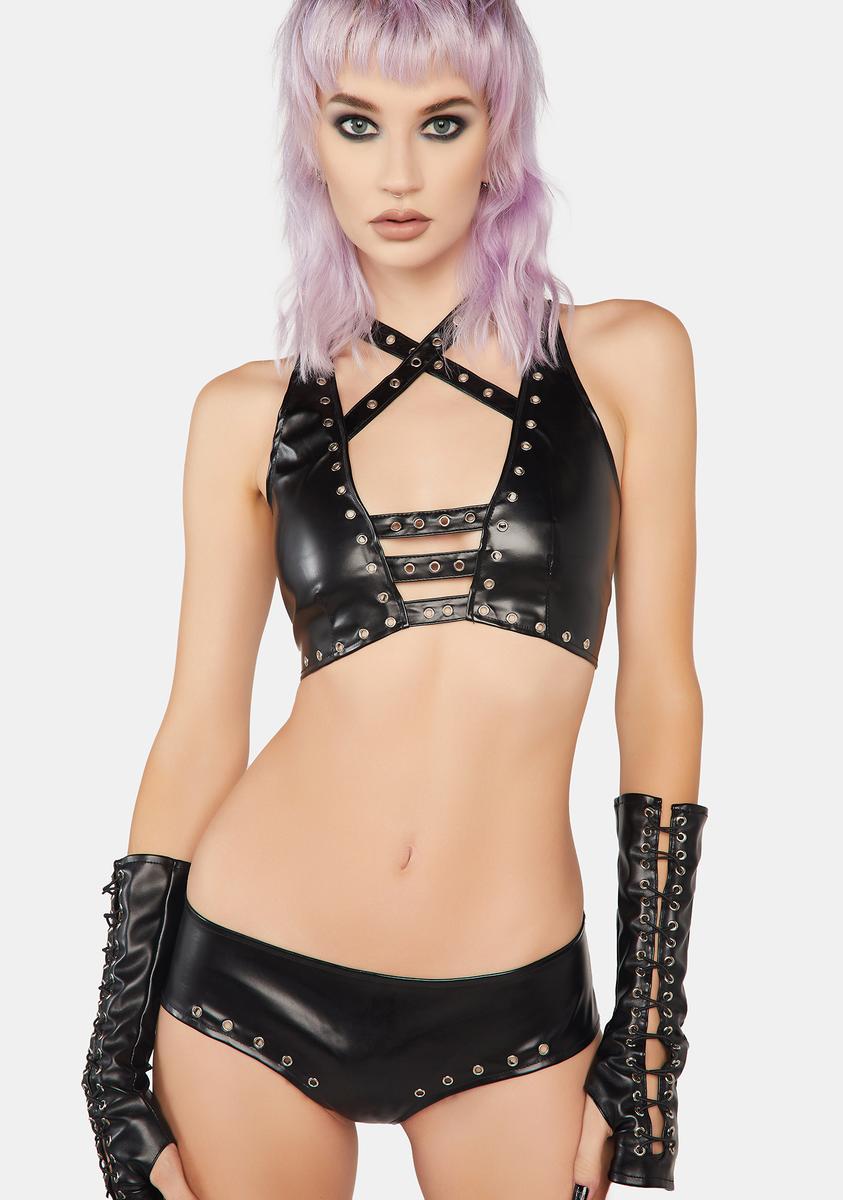 Tru Demurr Vegan Leather Eyelet Halter Top And Hot Pants Set - Black Dolls Kill Tru Demurr Vegan Leather Eyelet Halter Top And Hot Pants Set - Black Dolls Kill