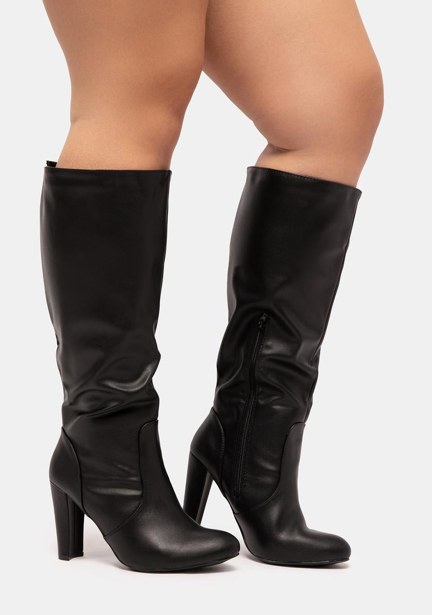 Vegan Leather Wide Calf Zip Up Knee High Boots - Black – Dolls Kill