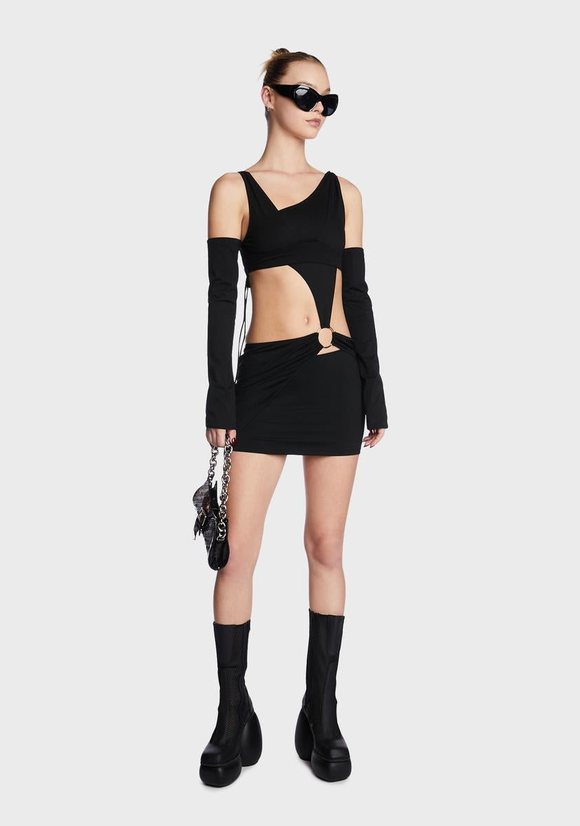 Poster Grl Cutout Ruched O Ring Mini Dress And Gloves Set Black