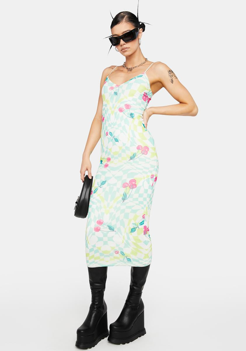 Afrm Checkered Cherry Print Mesh Midi Dress