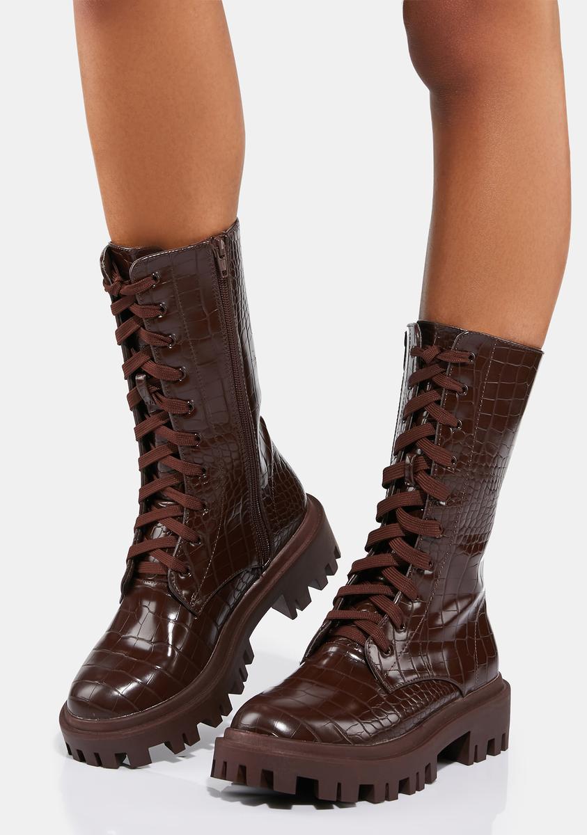 Public Desire Croc Lace Up Chunky Boots Brown – Dolls Kill