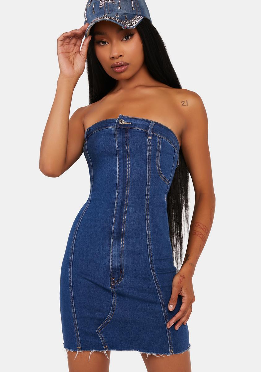 Edikted Denim Strapless Mini Dress - Blue Dolls Kill Edikted Denim Strapless Mini Dress - Blue Dolls Kill