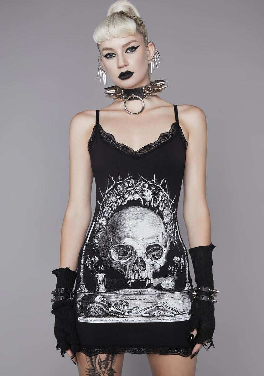 Widow Lace Trim Skull Graphic Mini Cami Dress - Black Dolls Kill Widow Lace Trim Skull Graphic Mini Cami Dress - Black Dolls Kill