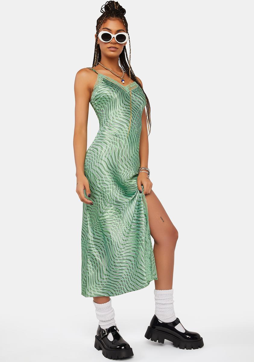 Daisy Street Wave Print Midi Slip Dress - Green Satin Dolls Kill Daisy Street Wave Print Midi Slip Dress - Green Satin Dolls Kill