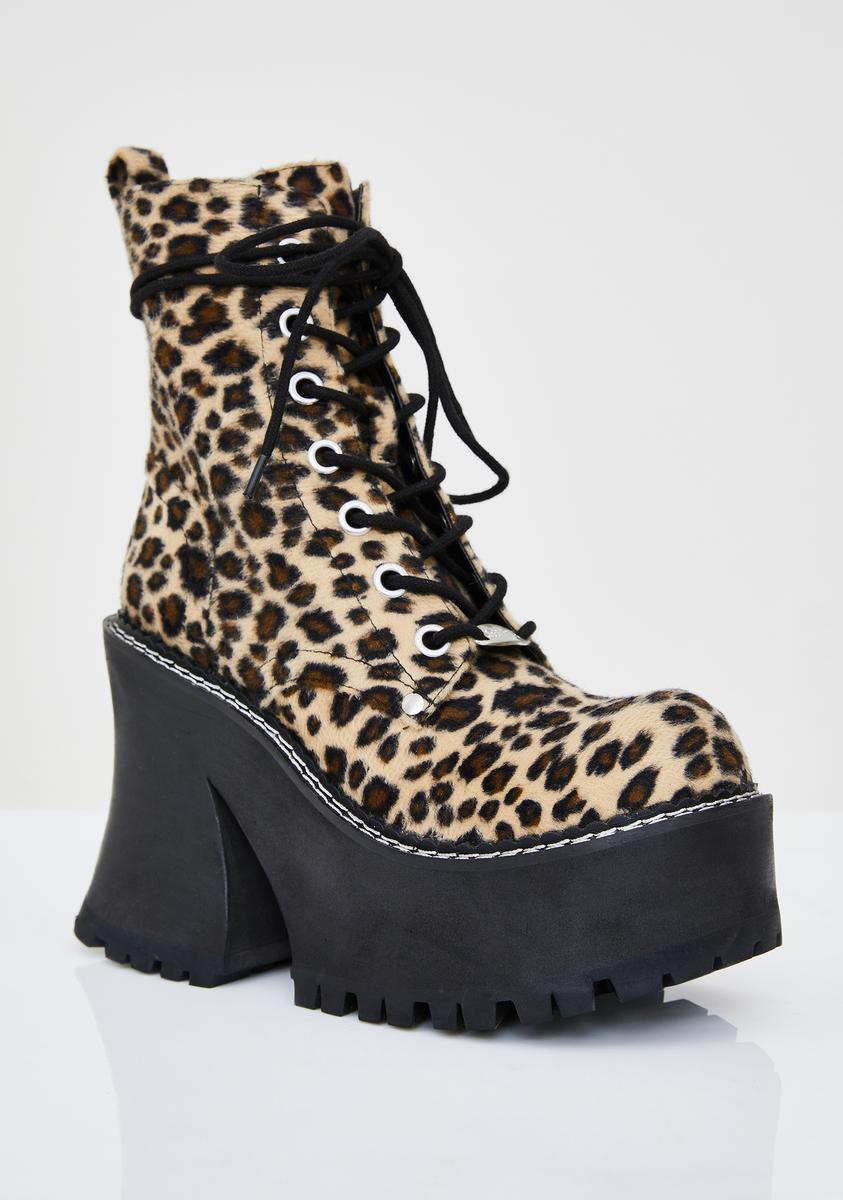Delias Dolls Kill Leopard Print Flare Boots Black