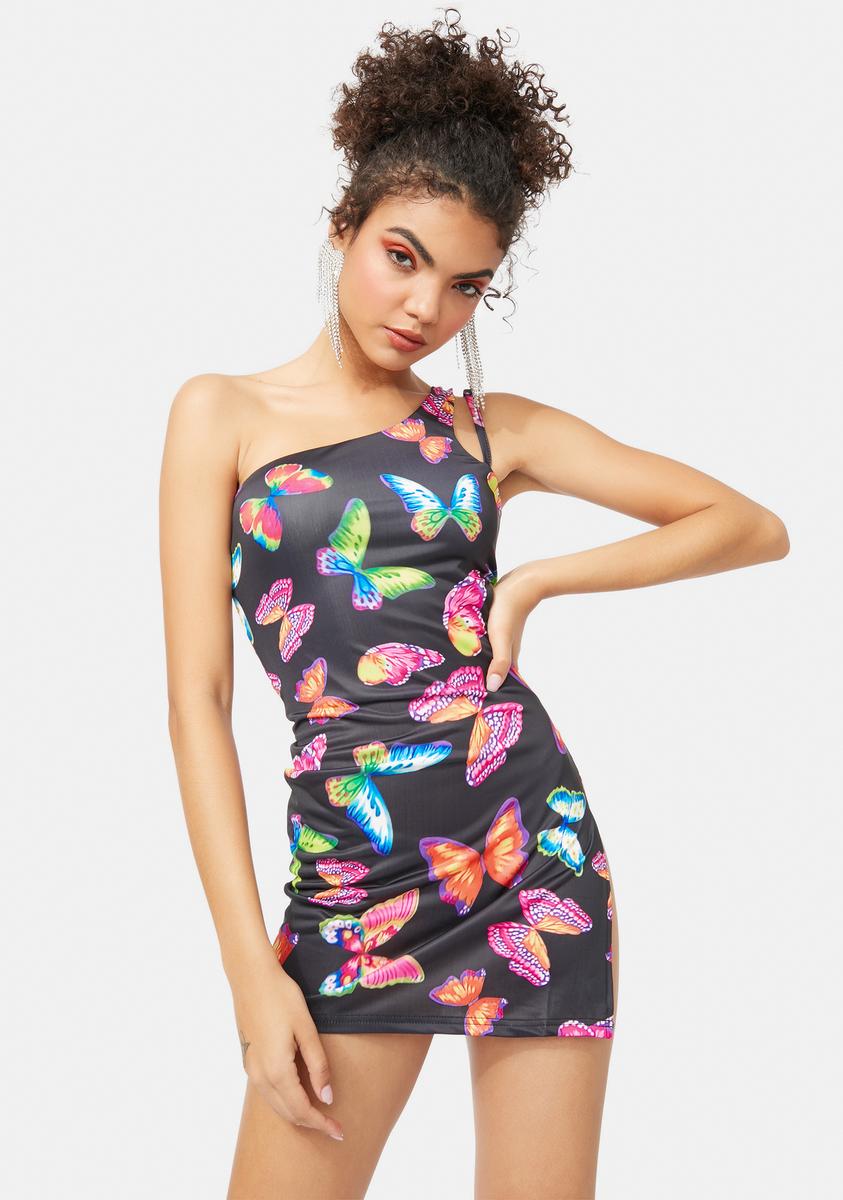 Butterfly Print One Shoulder Slit Cutout Dress - Multi Dolls Kill Butterfly Print One Shoulder Slit Cutout Dress - Multi Dolls Kill