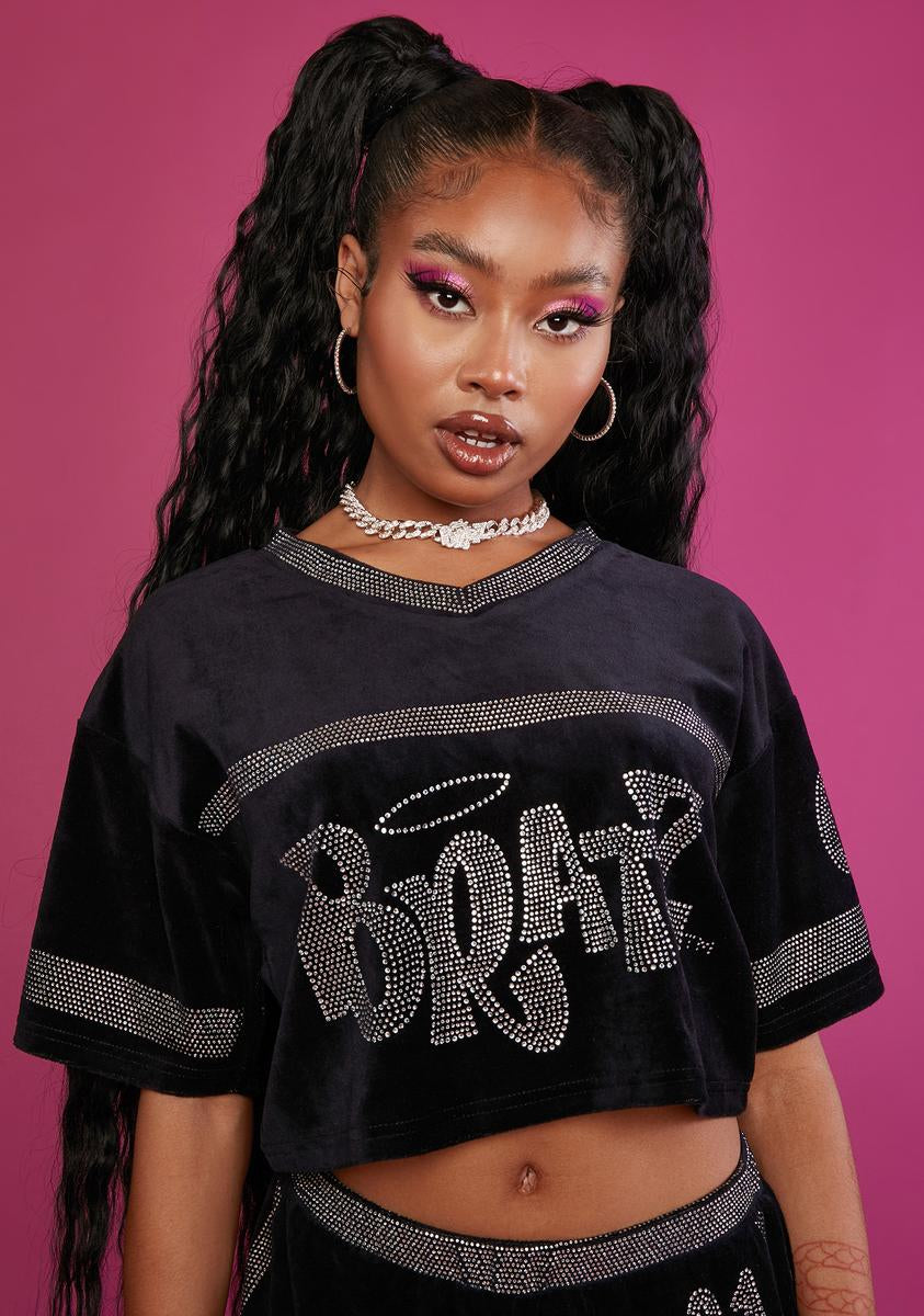 Dolls Kill x Bratz Sporty Velour Rhinestone Crop Top - Black