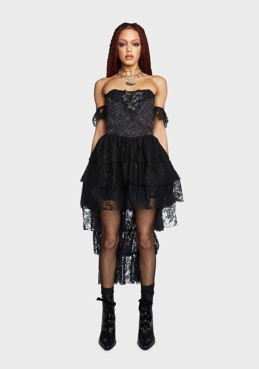 Widow Brocade Lace High Low Mini Dress - Black