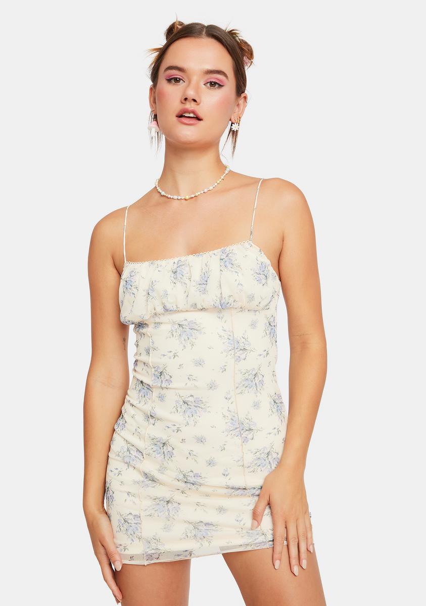 Ruched Bust Mesh Floral Exposed Stitch Mini Dress