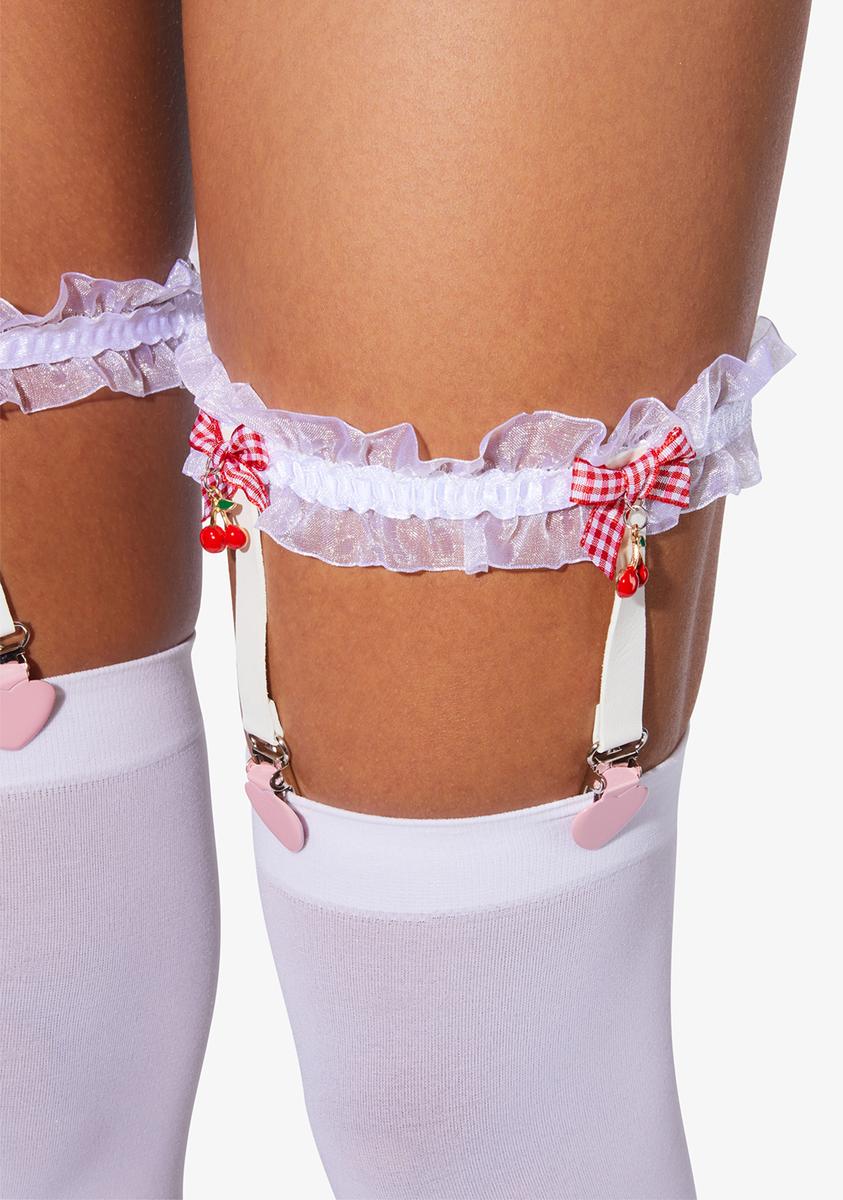 Gingham Bow Cherry Charm Ruffle Leg Garters - White/Red  Dolls Kill