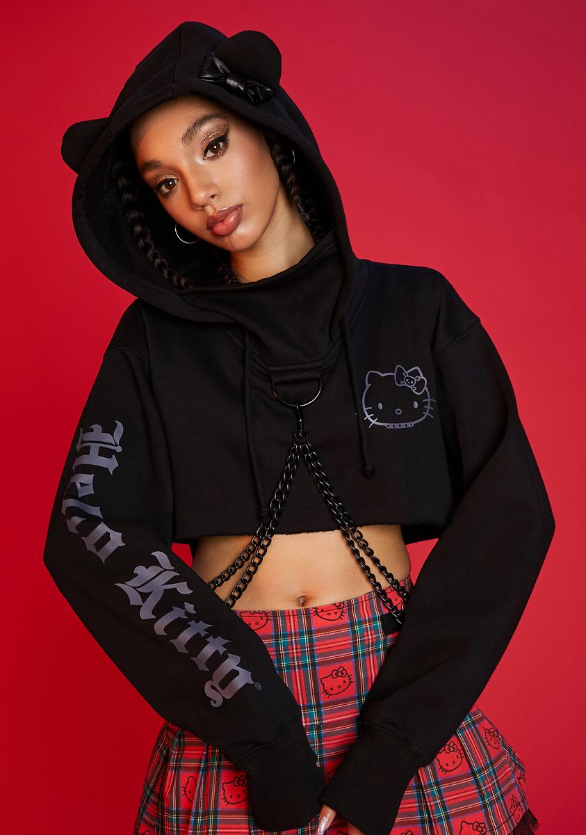 dolls kill hello kitty backpack Dolls Kill Hello Kitty Graphic Crop Hoodie Chain Matte Black Kawaii Goth
