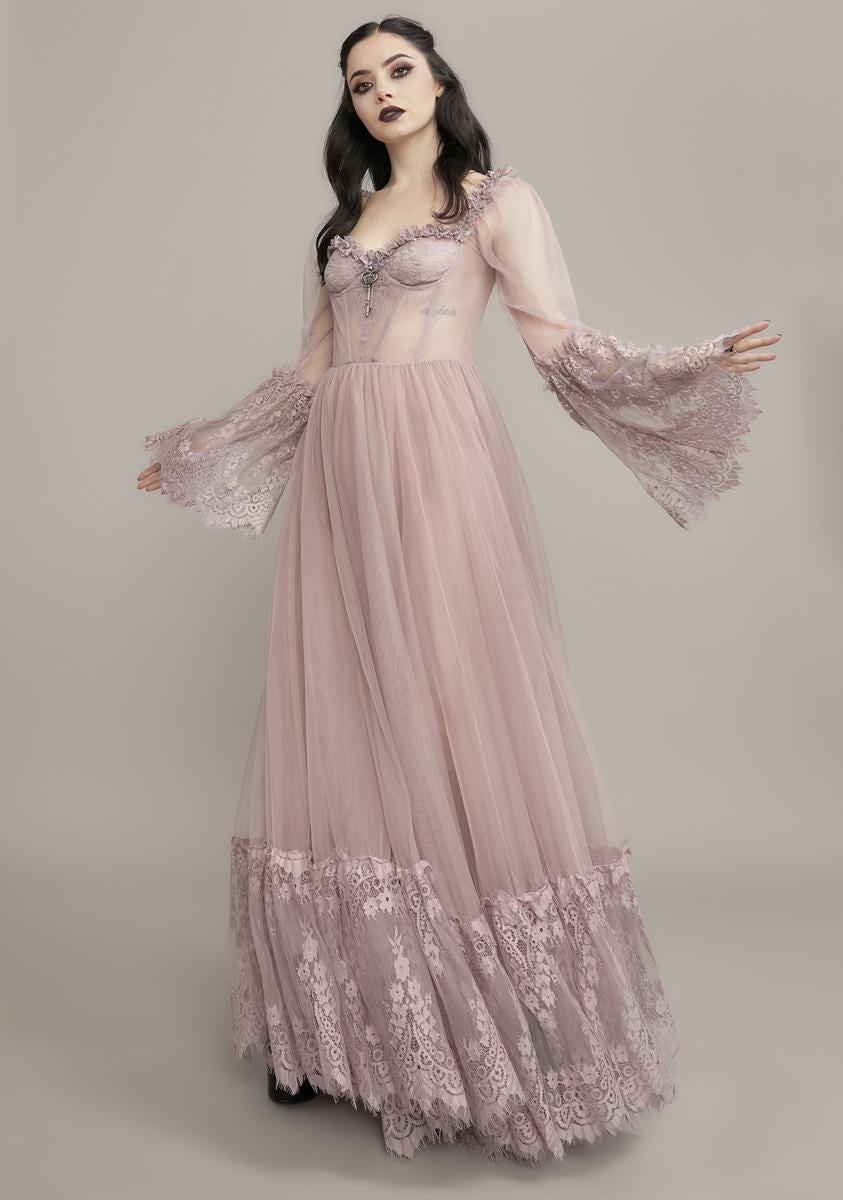Widow Gothic Lace Bustier Long Sleeve Gown - Mauve Widow Gothic Lace Bustier Long Sleeve Gown - Mauve