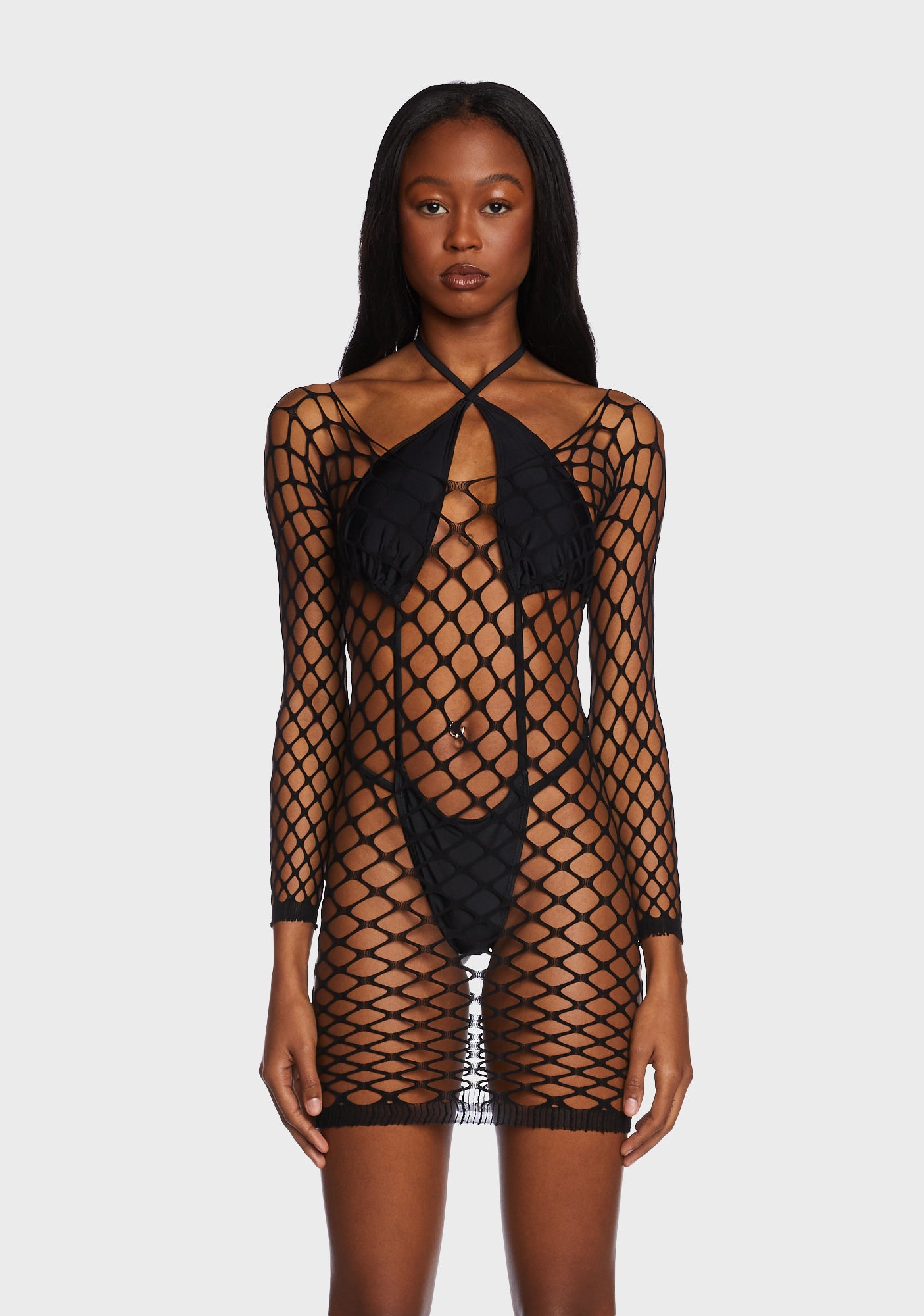 Sheer Fishnet Cover Up Mini Dress - Black
