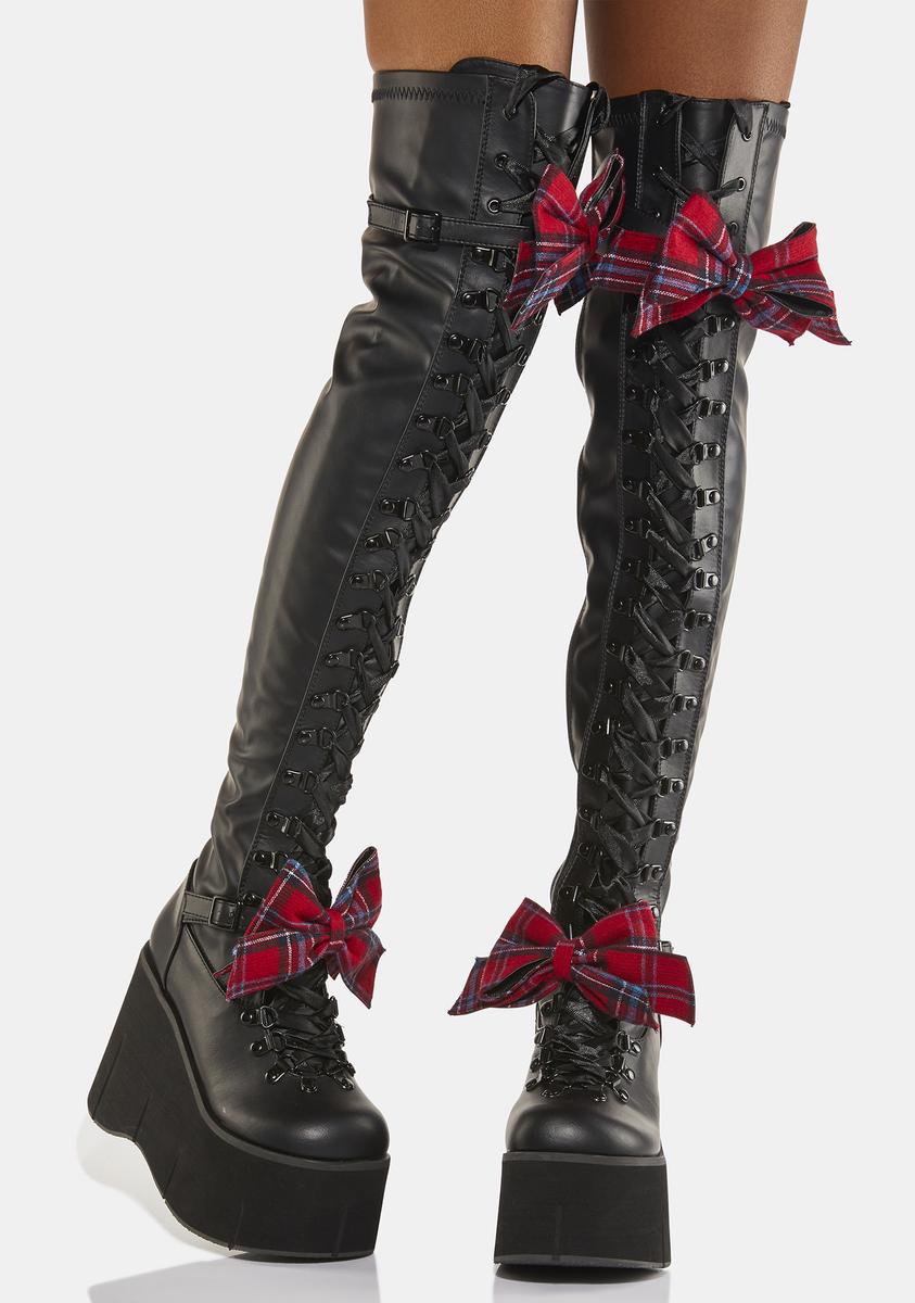 Demonia x Dolls Kill Kera-303 Plaid Bow Thigh High Platform Boots - Black