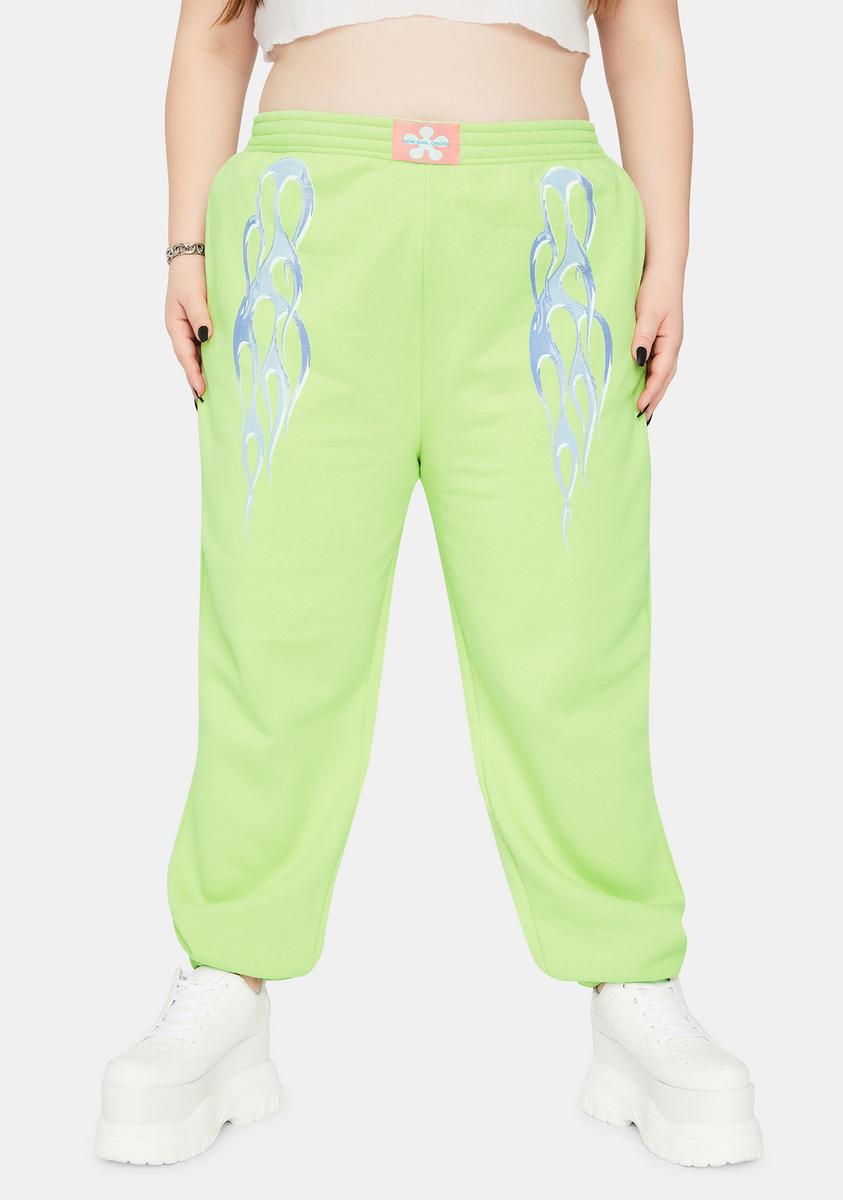 Plus Size New Girl Order Metallic Flame Sweatpants Neon Green