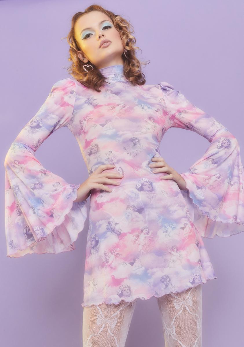 Sugar Thrillz Cherub Print Mesh Bell Sleeve Dress - Purple Dolls Kill Sugar Thrillz Cherub Print Mesh Bell Sleeve Dress - Purple Dolls Kill