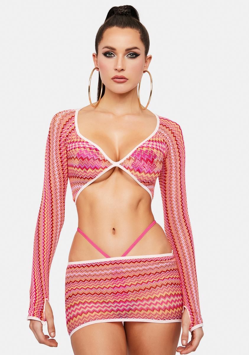 Zig Zag Fishnet Long Sleeve Crop Top And Mini Skirt Set - Pink  Dolls Kill