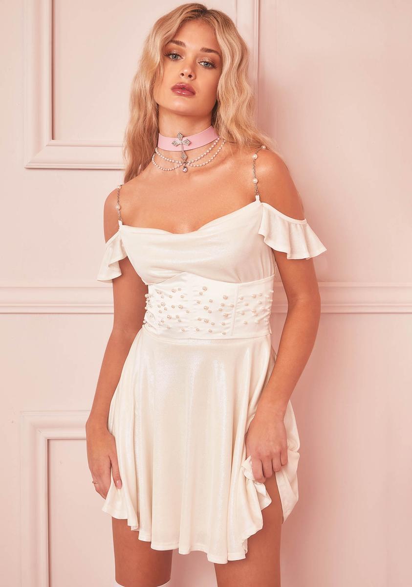 Sugar Thrillz Cowl Neck Mini Dress With Pearl Corset - Off White