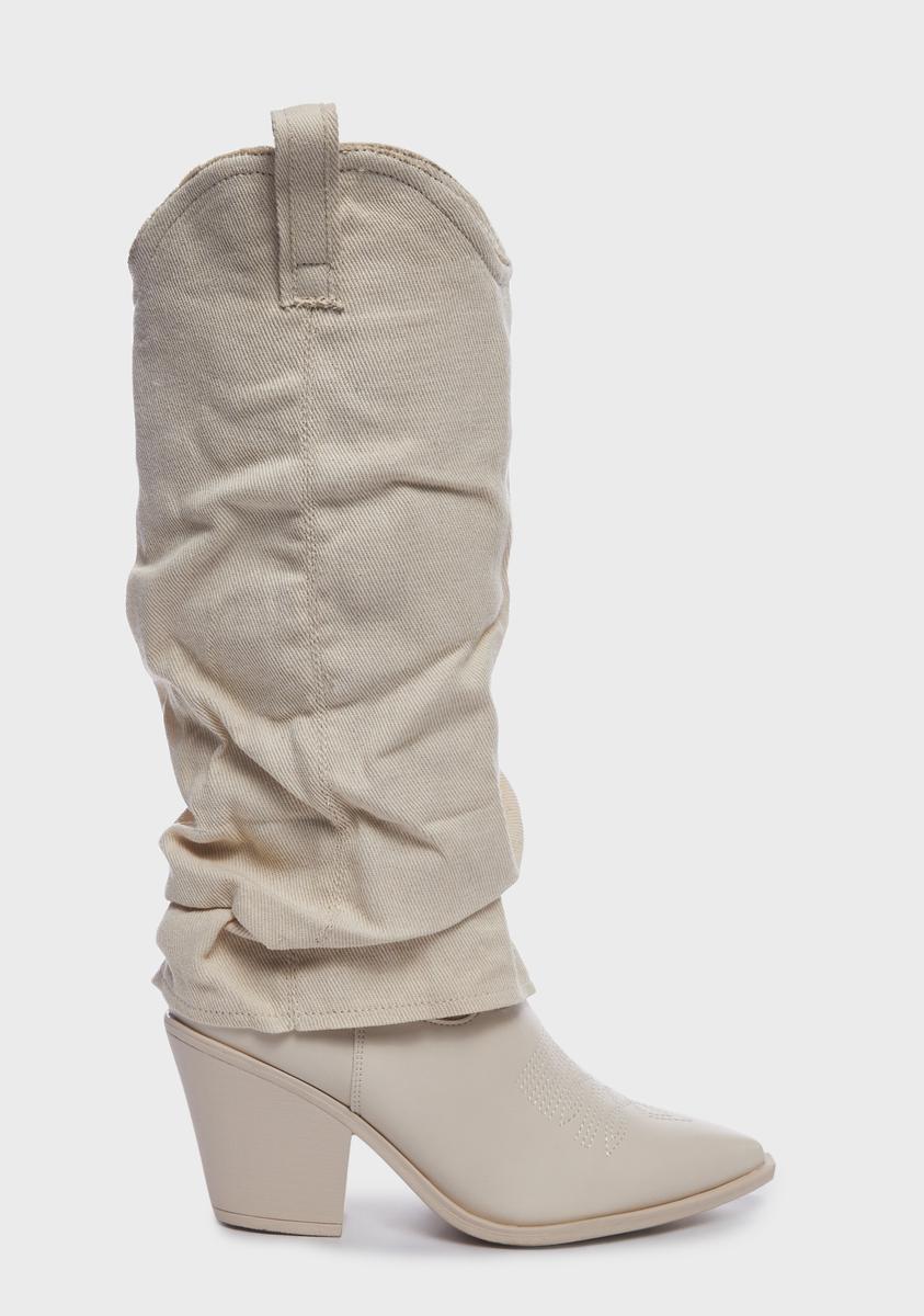 Fabric Layered Cowboy Boots - Off White/Beige – Dolls Kill