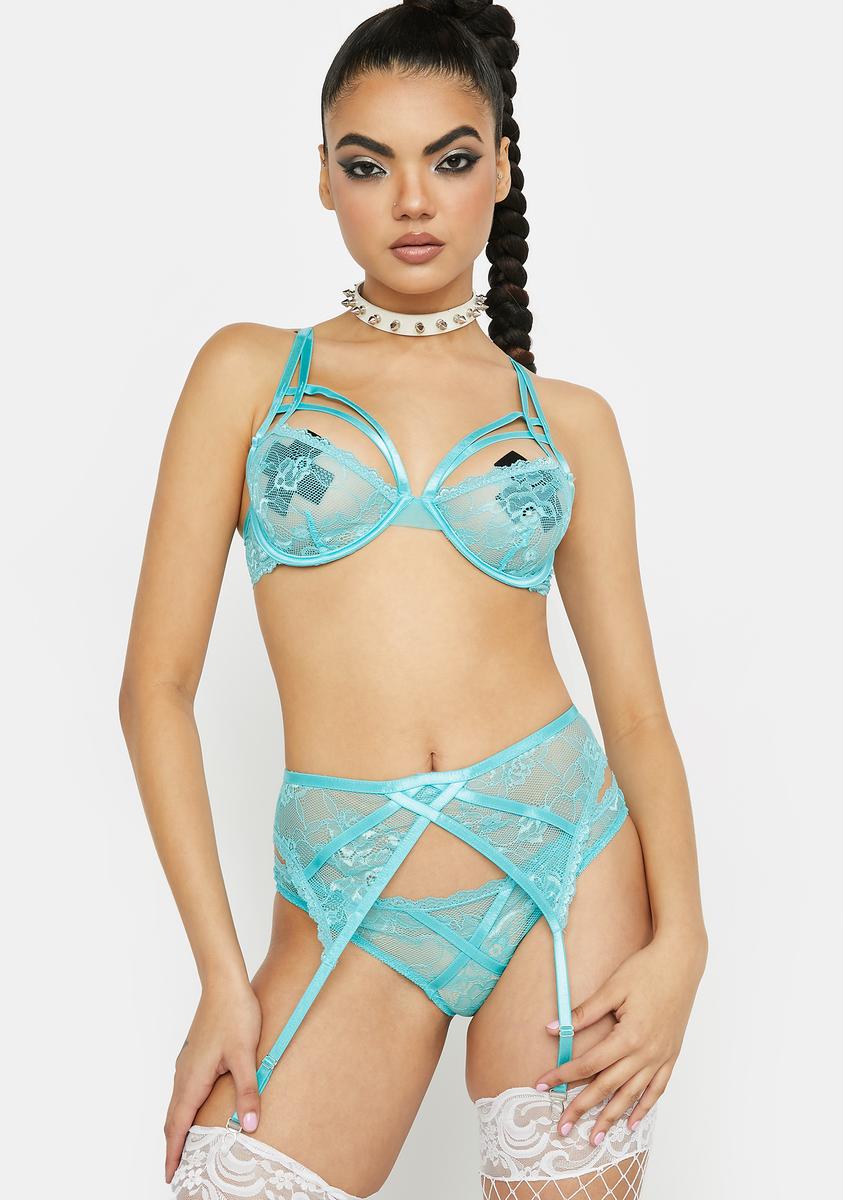 Mesh Lace Floral Strappy Garter Lingerie Set - Turquoise  Dolls Kill