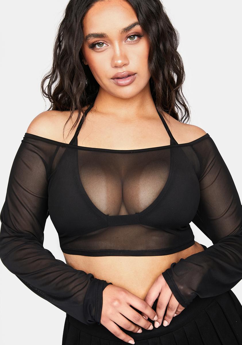 Plus Size Mesh Off Shoulder Long Sleeve Crop Top Black Dolls Kill