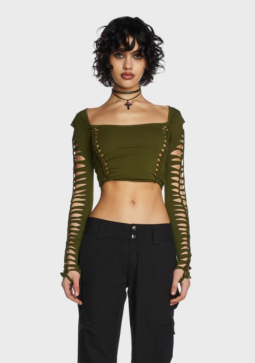 Current Mood Slashed Cut Out Long Sleeve Crop Top - Green