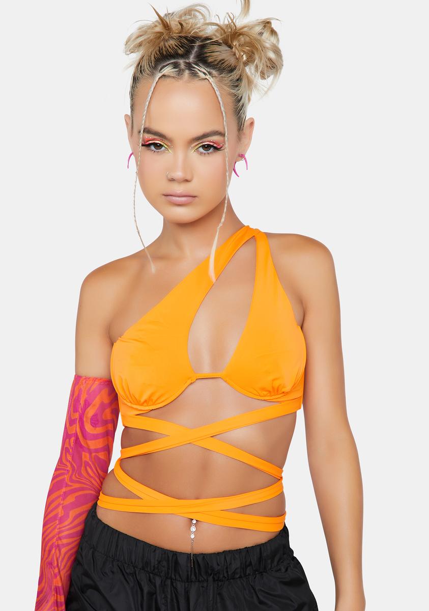Strappy Asymmetrical Off Shoulder Bra Top - Orange – Dolls Kill