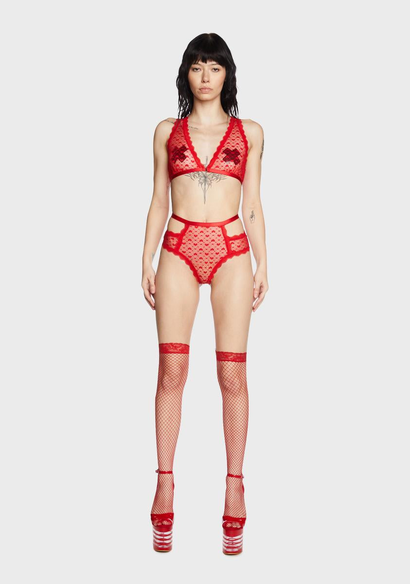 Flocked Heart Cutout B Top Panty Lingerie Set