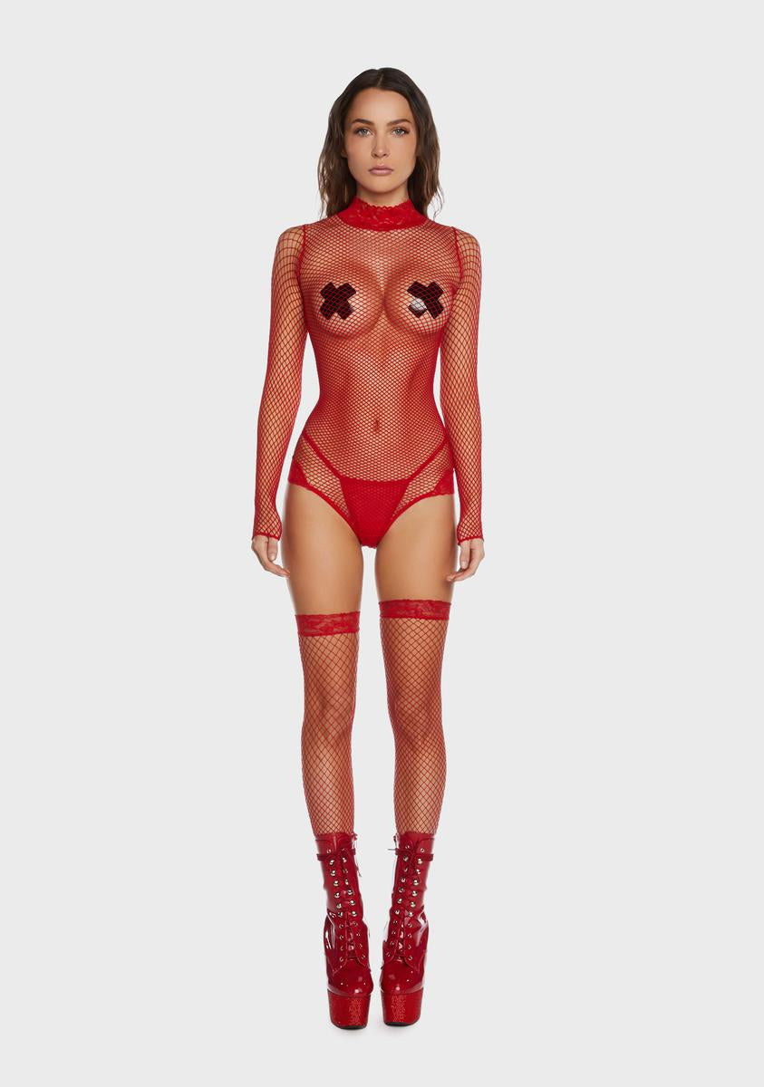 Sheer Sexy Fishnet Lace Bodysuit - Red  Dolls Kill