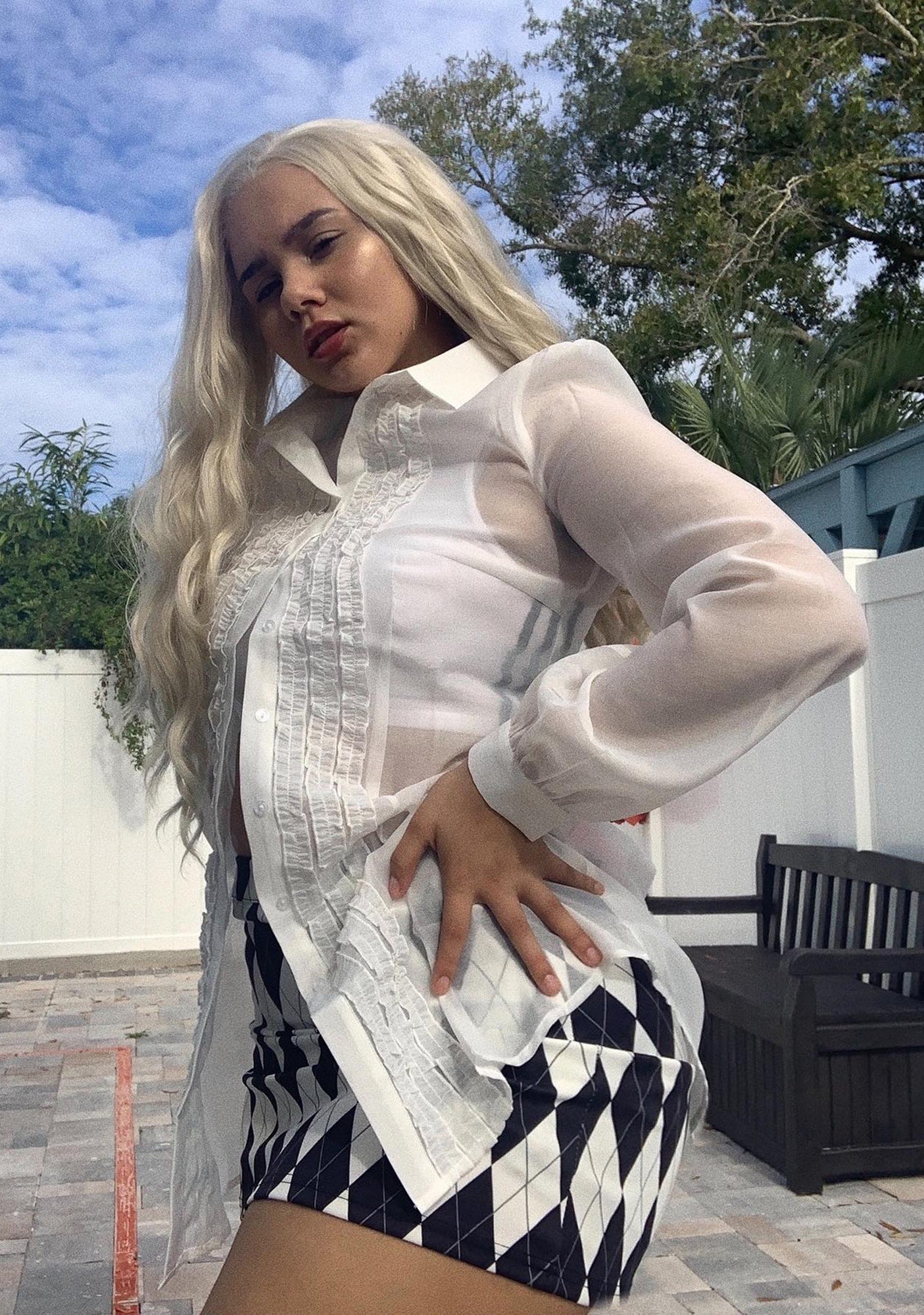 Sugar Thrillz Ruffle Trim Sheer Button Up Shirt - White